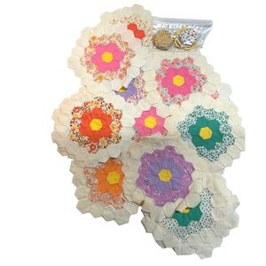 Vintage Unfinished Quilted Hexagon Floral Quilt Pieces